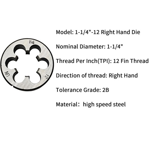1-1/4"-12 Die 1 1/4"-12 Round Threading Die Right Hand UNF Nominal Diameter 1... - Picture 2 of 4