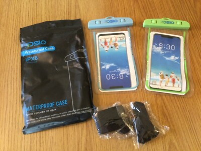 Dsio 2Pack Waterproof Cases IPX8 for Phones up to 7'' x 4'' Blue / Green + Lanyard