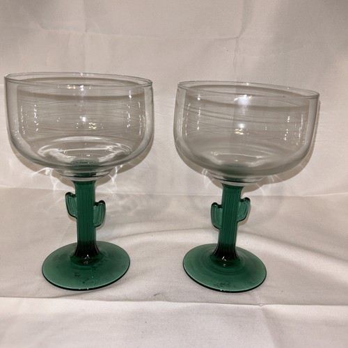 (2) Libbey Green Cactus Stem 6-1/4" Tall x 4" Margarita Cocktail 12oz Glasses