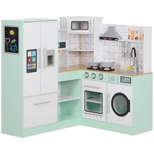 Play Kitchen, Corner Kids Kitchen Playset w/ Chalkboard, Range Hood