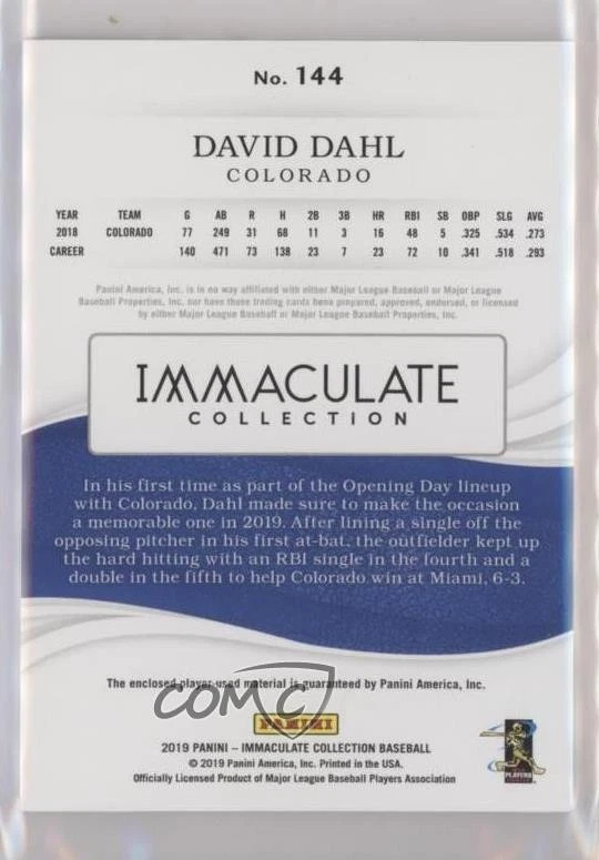 2019 Panini Immaculate Red /49 David Dahl #144 - Image 2 of 2