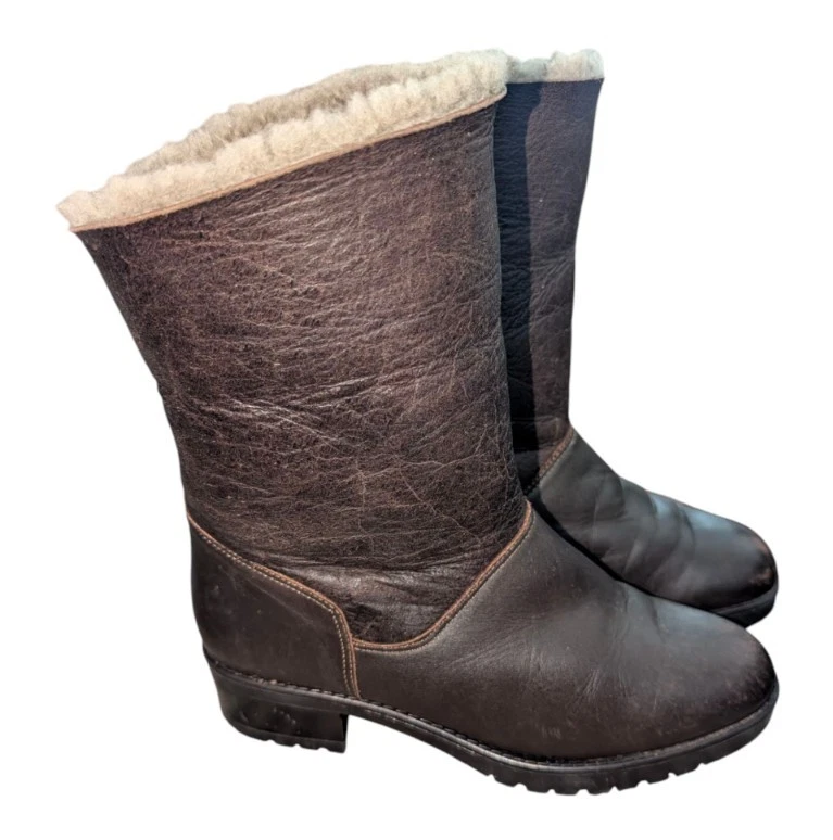 Botas de invierno vintage La Canadienne de cuero marrón/lana de oveja 7M Foto 3 de 4