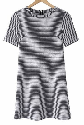 H&M Divided UK 10 Long Tunic Top Black & Silver Stripes Short Sleeves Zipper