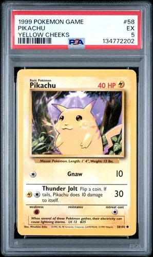 1999 POKEMON BASE SET UNLIMITED YELLOW CHEEKS #58 PIKACHU PSA 5