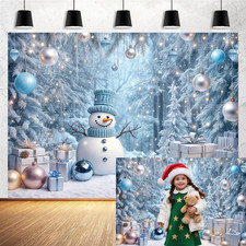 10X8Ft Blue Winter Christmas Snowman Backdrop Snowy Wonderland Forest Pine Tree