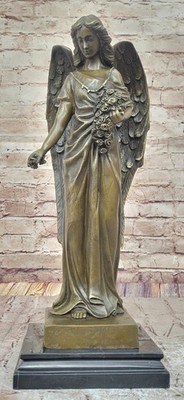Angel Holding Flowers Bronze Metal Statue Sculpture Marble Memorial Cemetary