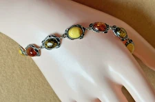 Antique Sterling Silver Multi Amber Floral Link Bracelet