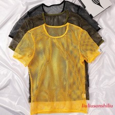 Mesh See Through Men TShirt Fishnet Short Sleeve Clubwear Undershirt Tee