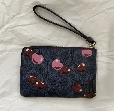 Coach Denim Blue Cherry Print Canvas Corner Zip Wristlet Clutch