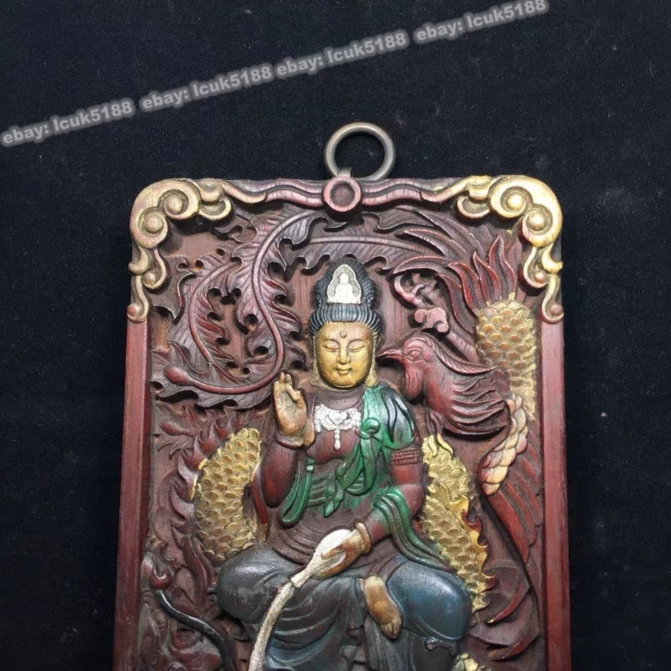 Arte budista tibetano Avalokiteshvara dragón fénix Thangka de madera roja tallada a mano Foto 2 de 4