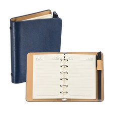 6 Ring A7 Leather Binder Cover with Horizontal Lines Paper and Pen, Dark Blue