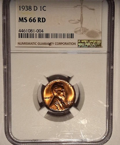 🔥1938-D 1C LINCOLN  WHEAT CENT NGC MS66 RD - STUNNING COIN
