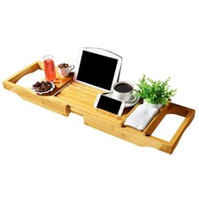Bamboo Bathtub Caddy with Extending Sides and Adjustable Book Holder Deluxe 