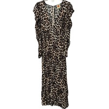 FARM Rio Leopard Print V Neck Satin Midi Dress in Natural Skin Cream - Medium