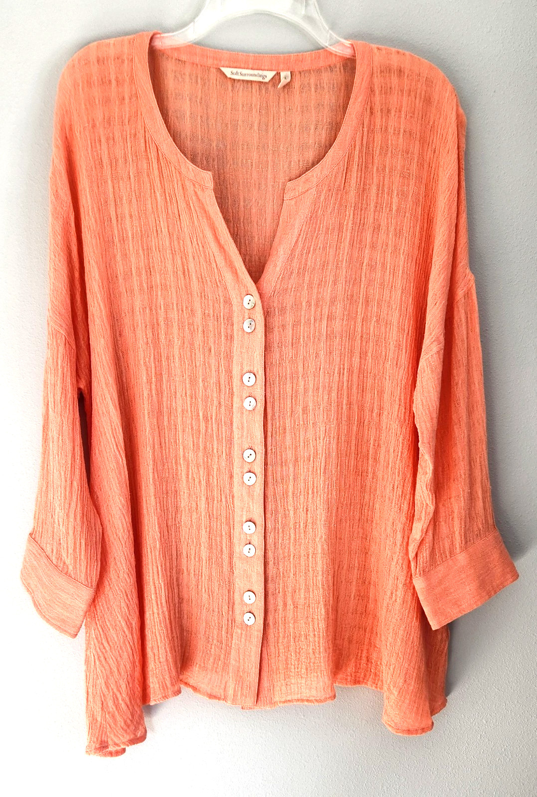 Soft Surroundings Button Down Tunic Top Cotton Linen Women's Large Coral