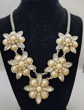 White Flowers Statement Necklace Faux Pearls Rhinestones Charming Charlie Silver