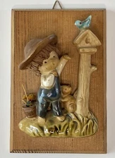 UCTCI Japan Plaque w/ Sticker on Back Boy Cat Bird Wood Ceramic Home Decor 