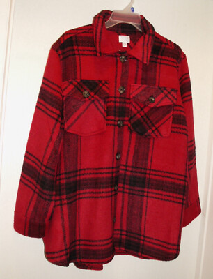 Womens Time and Tru Bold Plaid Plush Flannel Shirt Size XL 16-18 Red & Black NWT