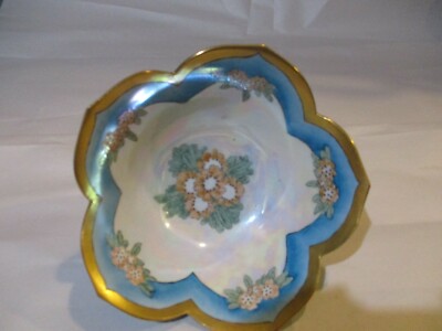 Lotus Bowl Lustreware Japan old & Blue 1971 Hand painted Signed VTG. Lovely