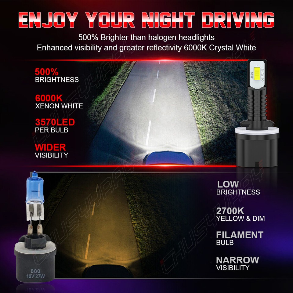 2PCS 880 LED Bulb Fog Driving Light Bulbs Conversion Kit White 6000K ...