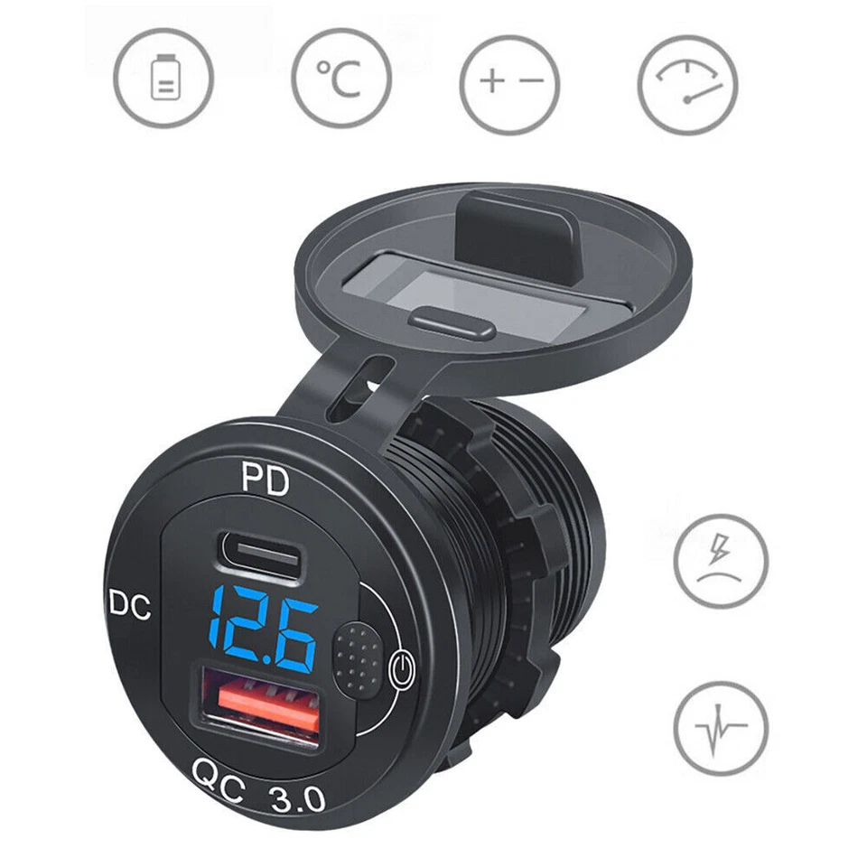 Car Dual USB Charger Socket Power Outlet QC 3.0+PD+LED Voltmeter for Boat RV - Image 4 of 4