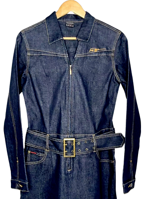 FUBU DENIM DRESS 9 10 DARK WASH JEAN COLLAR BELT SLIT ZIP PRE Y2k PREOW  PRIORITY | eBay