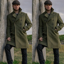 Green Men's Wool Overcoat Winter Warm Double Breasted Slim Casual Long Jackets