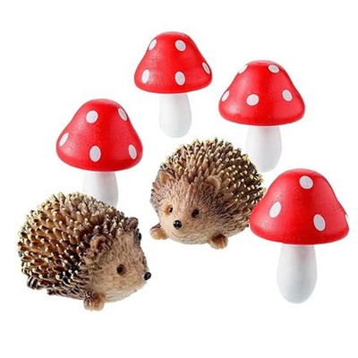 Miniatur Garten Dekor Set Igel Pilze Harz Holz Pink Rot Perfekt