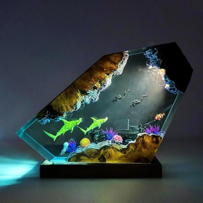 #ad Hammerhead Shark Resin Ocean Lamp Handmade RGB Resin Night Light with Wooden... $89.24