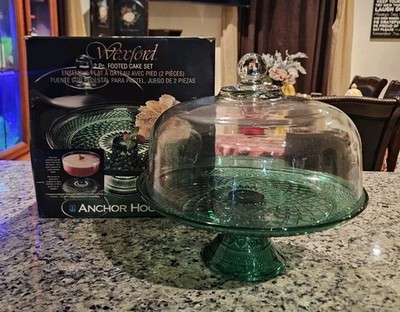 Anchor Hocking Vintage Wexford Glass Emerald Green Footed Cake Set  w/Box