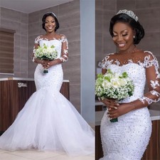 Luxury Beading Mermaid Wedding Dress Long Sleeve Appliques Bridal Gown Plus Size