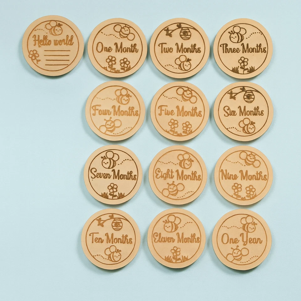 Holz Meilenstein Scheiben Set 13 Stück – 12cm – Neugeborenes bis 1 Jahr - Bild 1 von 4