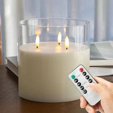 Flameless Candles with 3 Wicks, 6"x6" Glass Battery Operated Candles 