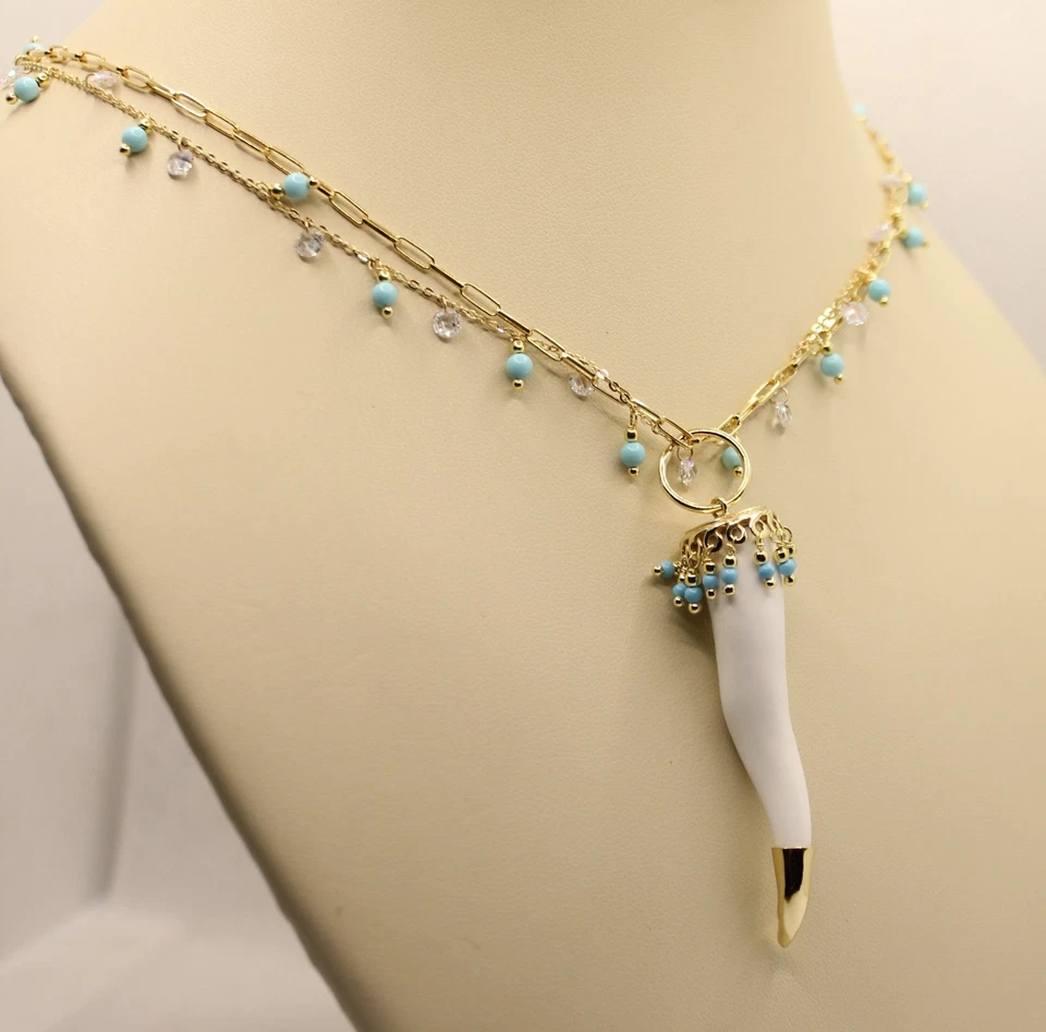 COLLANA ARGENTO CORNO SCARAMANTICO PASTA DI TURCHESE PASTA DI AGATA BIANCA - Immagine 2 di 4