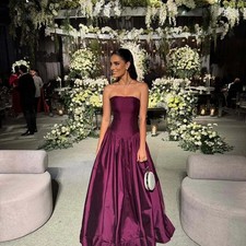 Burgundy Strapless Satin Ball Gown Trumpet Shaped Floor Length Evening Dress