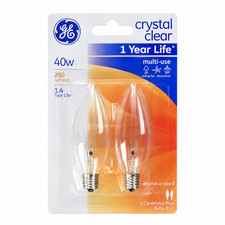 GE Crystal Clear 40W B10 Ceiling Fan Bulbs Candelabra Base 2 Pack 280 Lumens