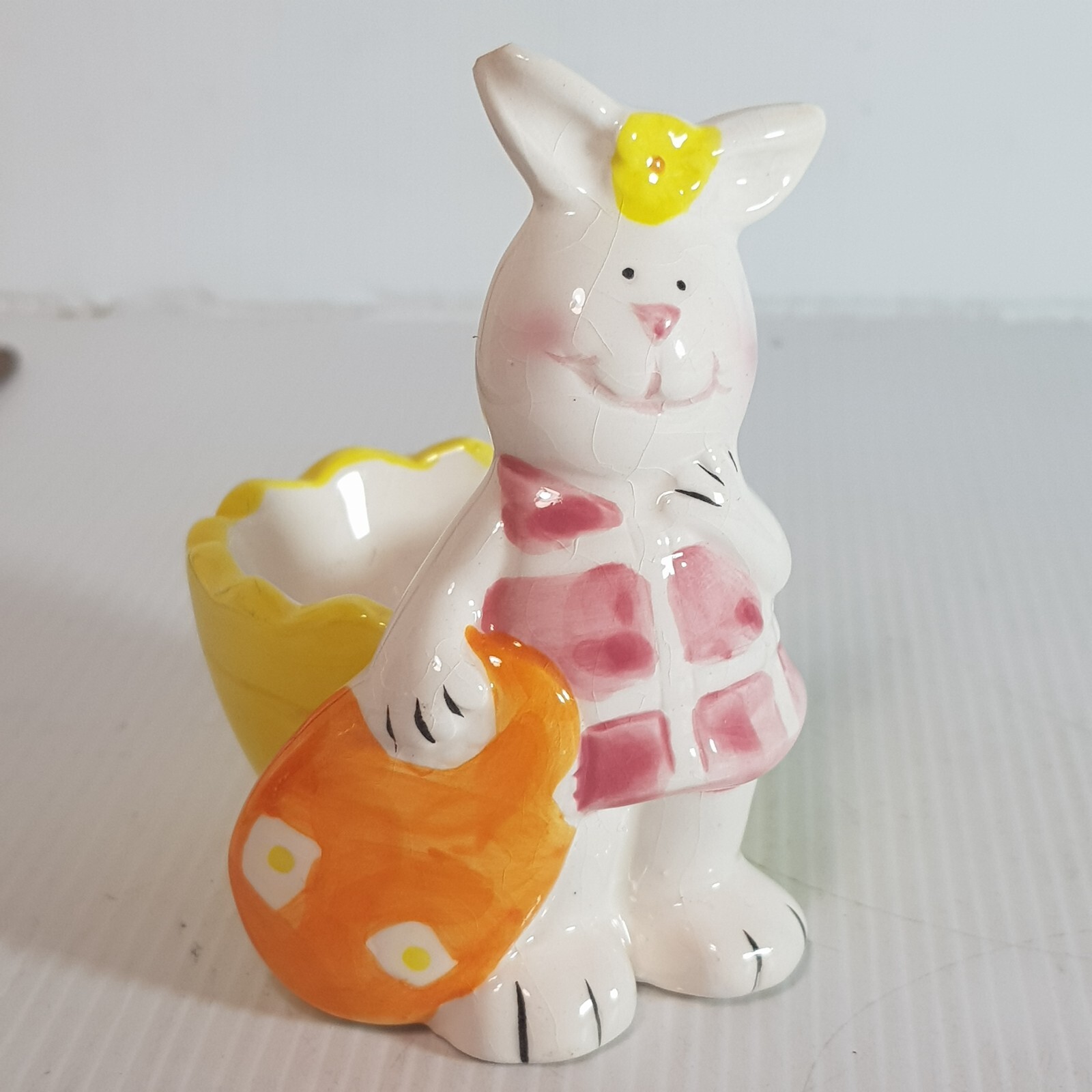 Vintage 1940s Japanese porcelain bunny rabbit egg cup with smile