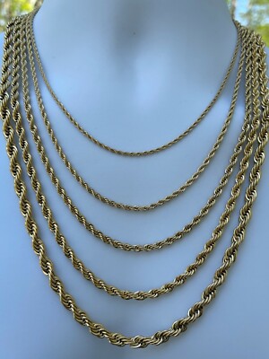 Men's Real Rope Chain Necklace 14k Gold Plated Stainless Steel - 2mm-6mm 18-30''