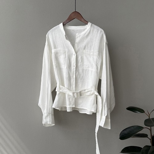 Long-sleeved Linen Shirt Women's Summer New Belt Single-breasted Top Blouses - Bild 15 von 16
