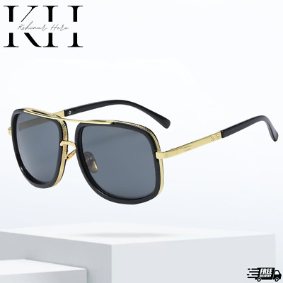 Men Fashion Sunglasses Oversized Square Gold Flat Top Frame Hip Hop Fancy Black