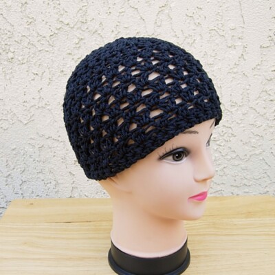 Solid Black Cotton Crochet Knit Hat Summer Beanie Women's Chemo