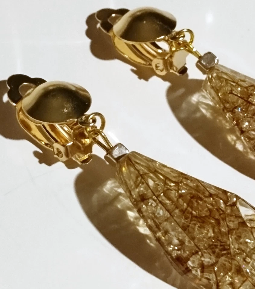 Ohrclips braun klar Glitzer crackled klar goldf Clips lang Ohrringe 6 cm 1 Paar - Bild 3 von 4