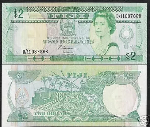 Fiji Islands 2 DOLLARS P-87 ND 1988 Queen ♛ Fijian Railroad Sugarcane Train NOTE