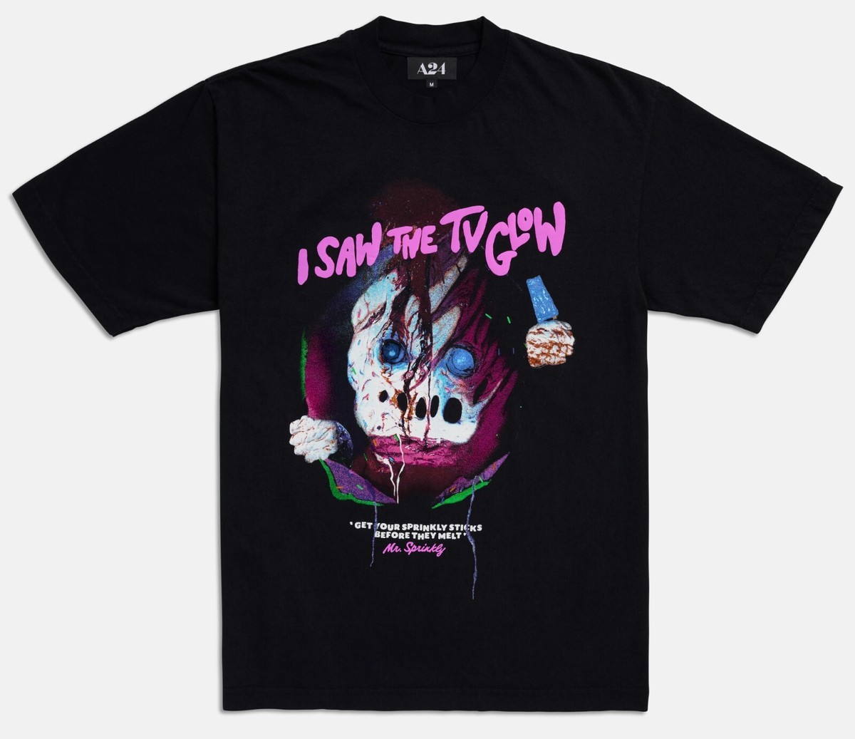 A24 I Saw the TV Glow Puff Print Mr. Sprinkly Tee Horror