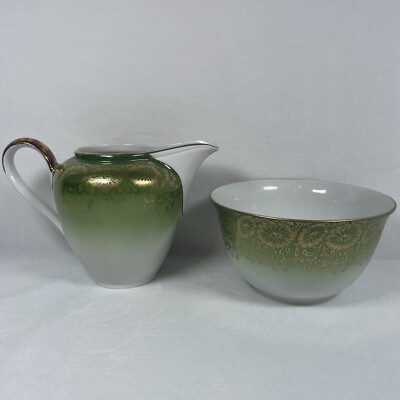 Wintering Bavaria Cream And Sugar Ombré Green Gold Floral Antique Vintage