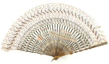 Vintage Asian Folding Hand Fan with Painted Paper Decorations Wood Handles