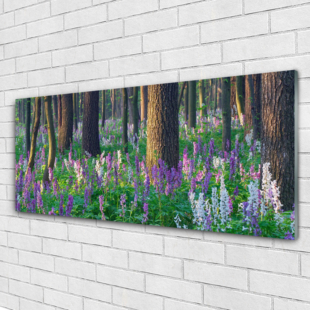 Forêt et fleurs tableau acrylique pour salon moderne au format 125x50 cm