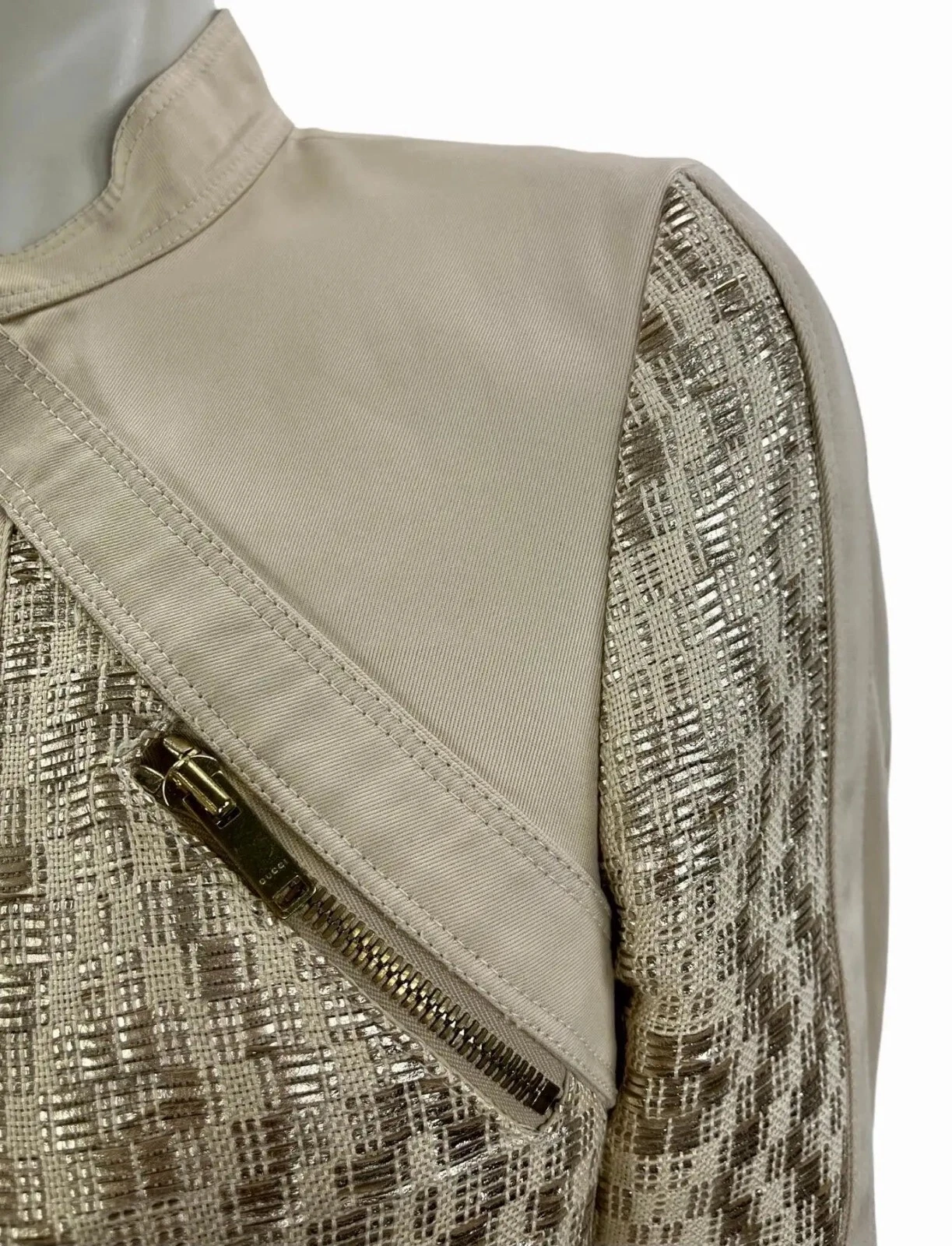 2004 Vintage Tom Ford per Gucci Nudo Gabardine e Oro Pelle Biker Giacca Nuova con Etichette