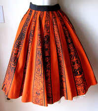 Vtg 50s Mexican TEL-ART Hand Painted Circle Skirt 26" Waist Black/Orange Aztec