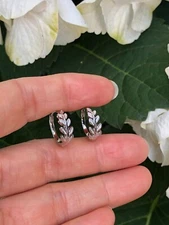 Plain Leaf Vine Huggie Hoop Earrings Sterling Silver 925 15mm/12mm x4.9mm